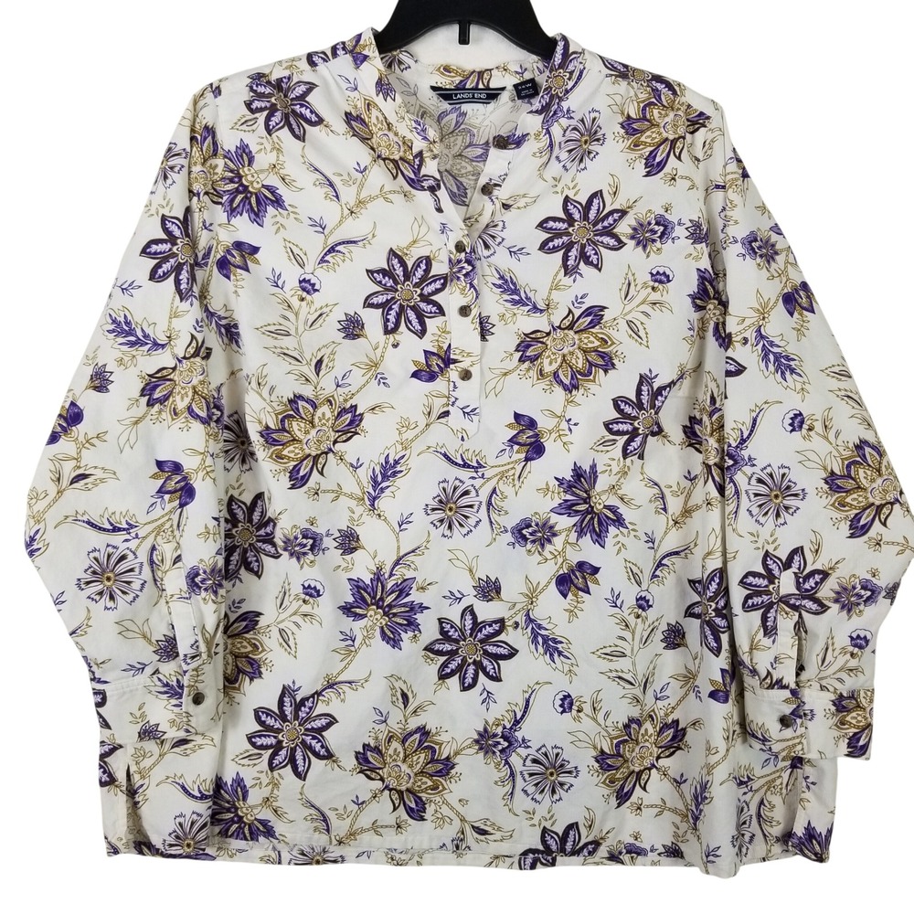 Lands End Womens 26W Corduroy Floral Henley Top Purple Gold Cotton Blouse